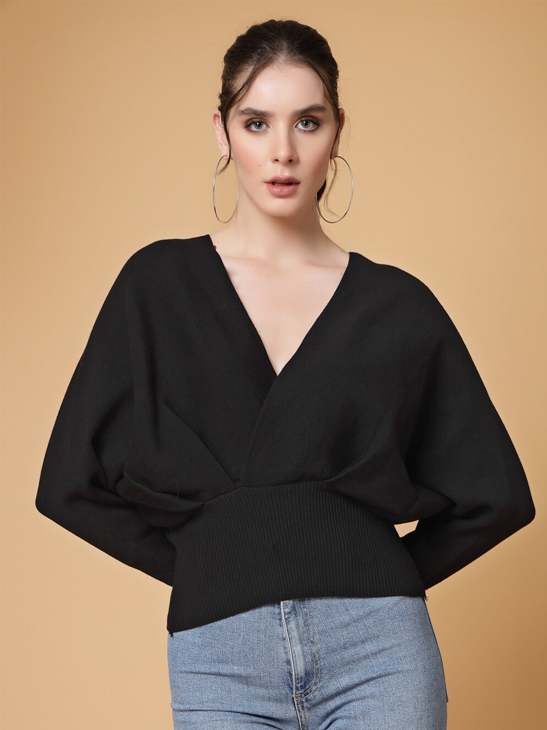 

Mafadeny V Neck Cuffed Sleeves Pullover, Black