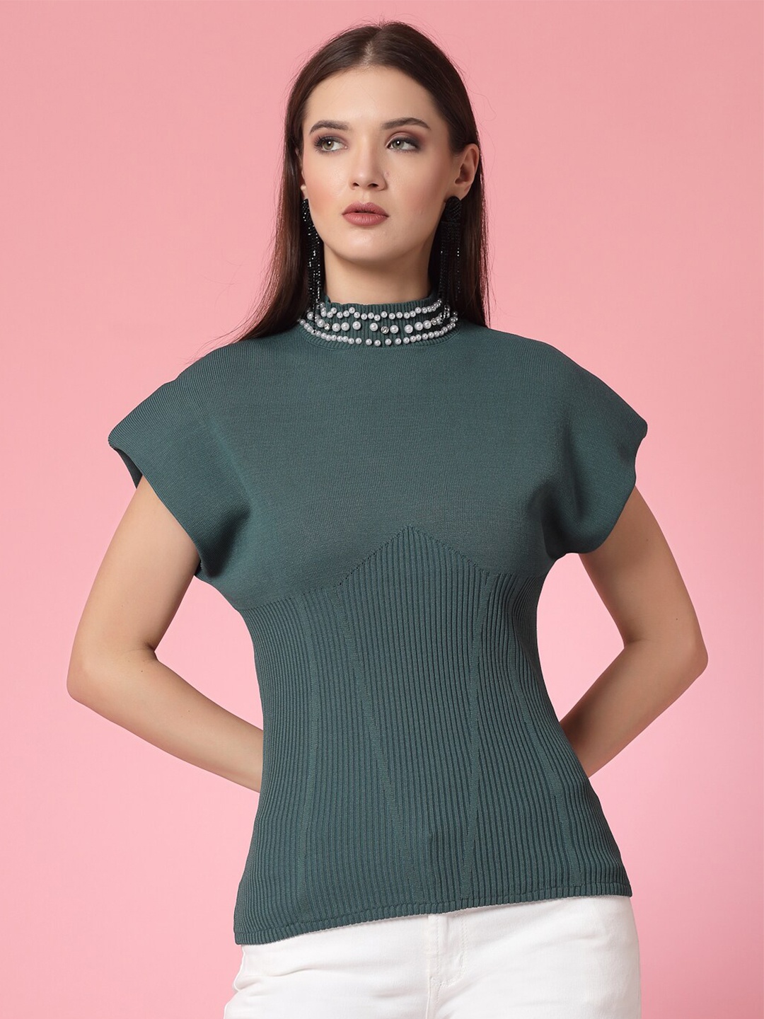 

Mafadeny Ribbed High Neck Pullover, Green