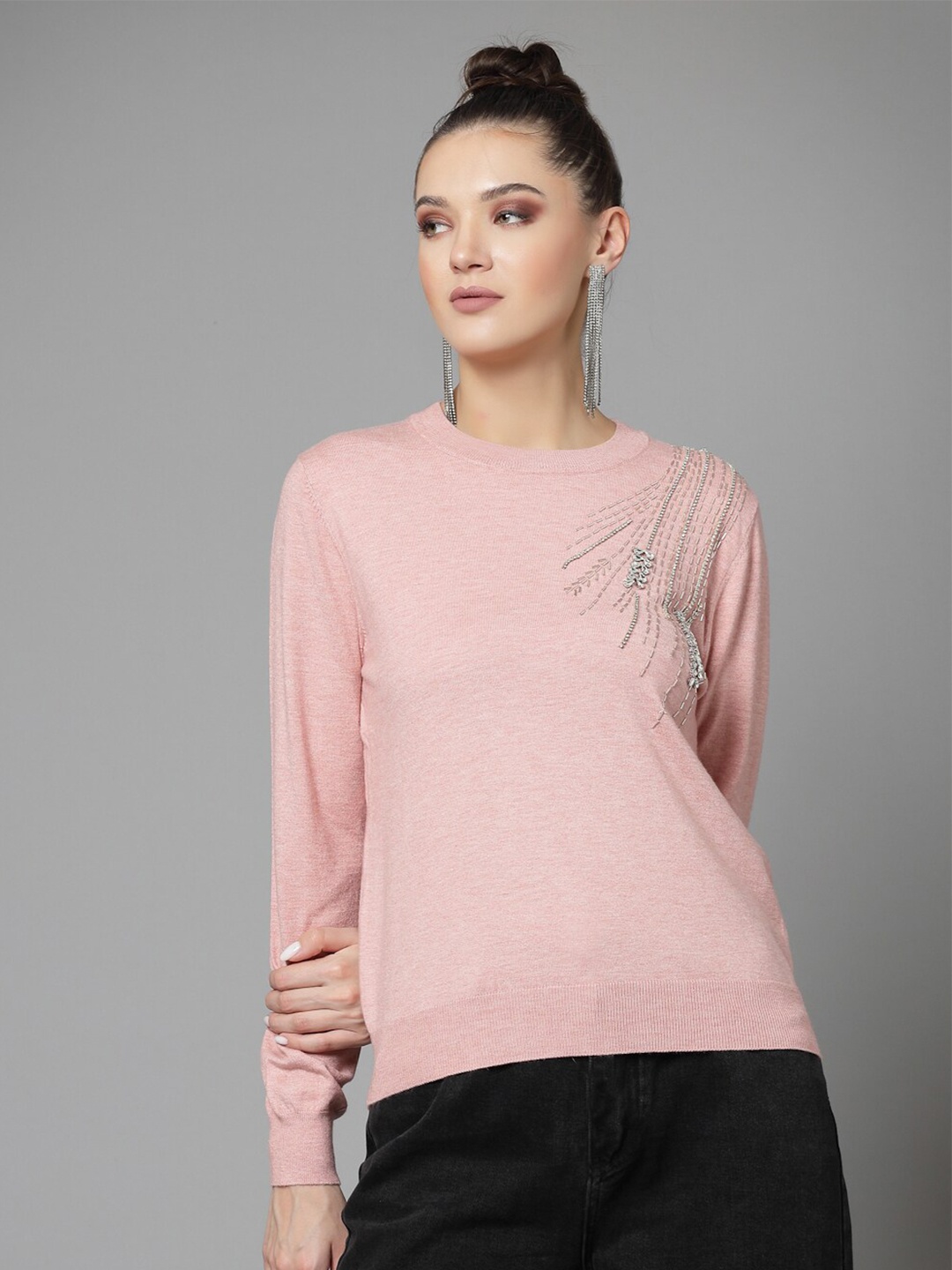 

Mafadeny Embellished Round Neck Pullover, Peach