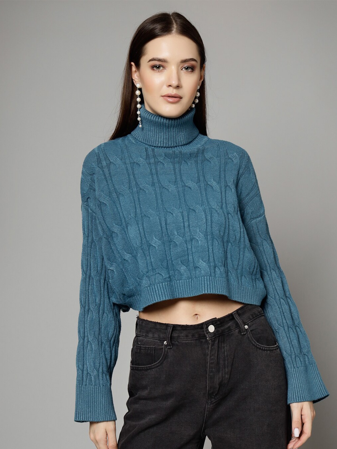 

Mafadeny Cable Knit Turtle Neck Crop Pullover, Teal
