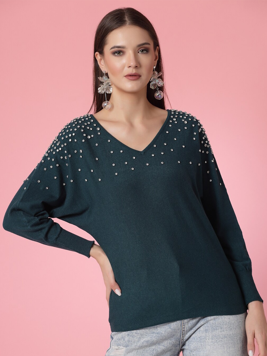 

Mafadeny Embellished V-Neck Pullover, Green