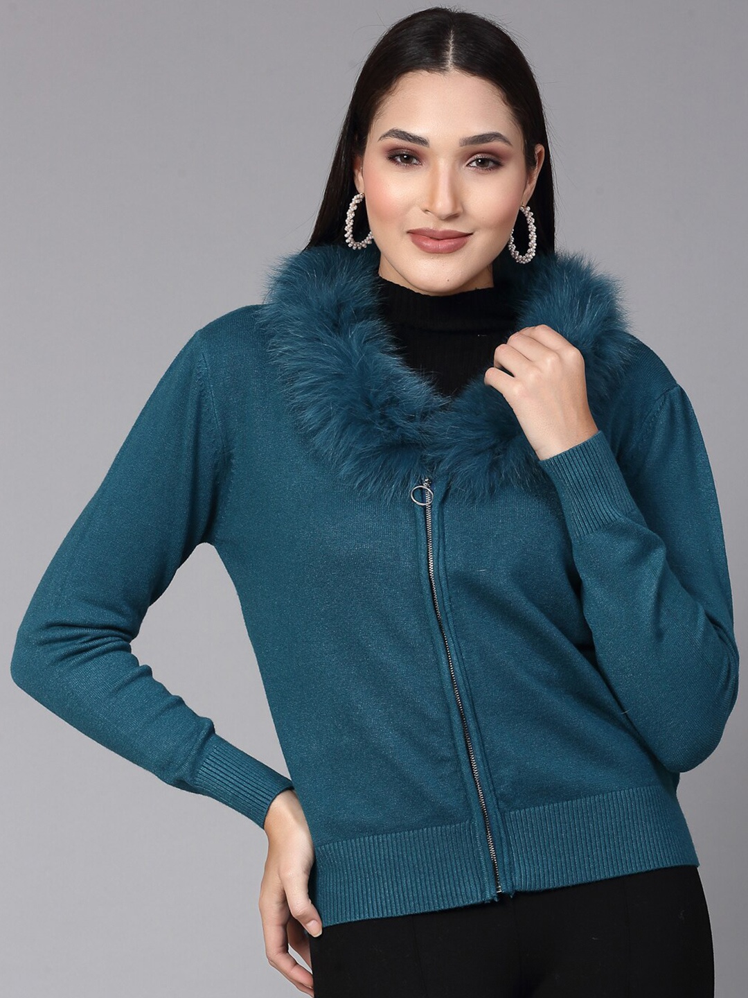 

Mafadeny Long Sleeves Front-Open Sweater With Faux Fur, Teal