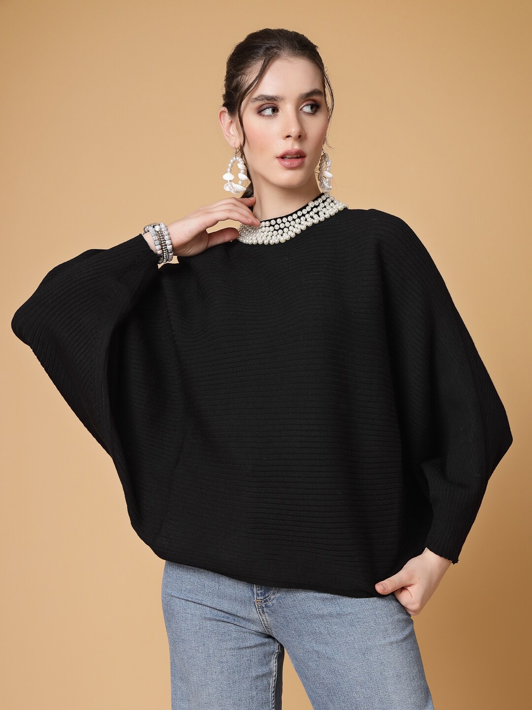 

Mafadeny Embellished Round Neck Poncho, Black