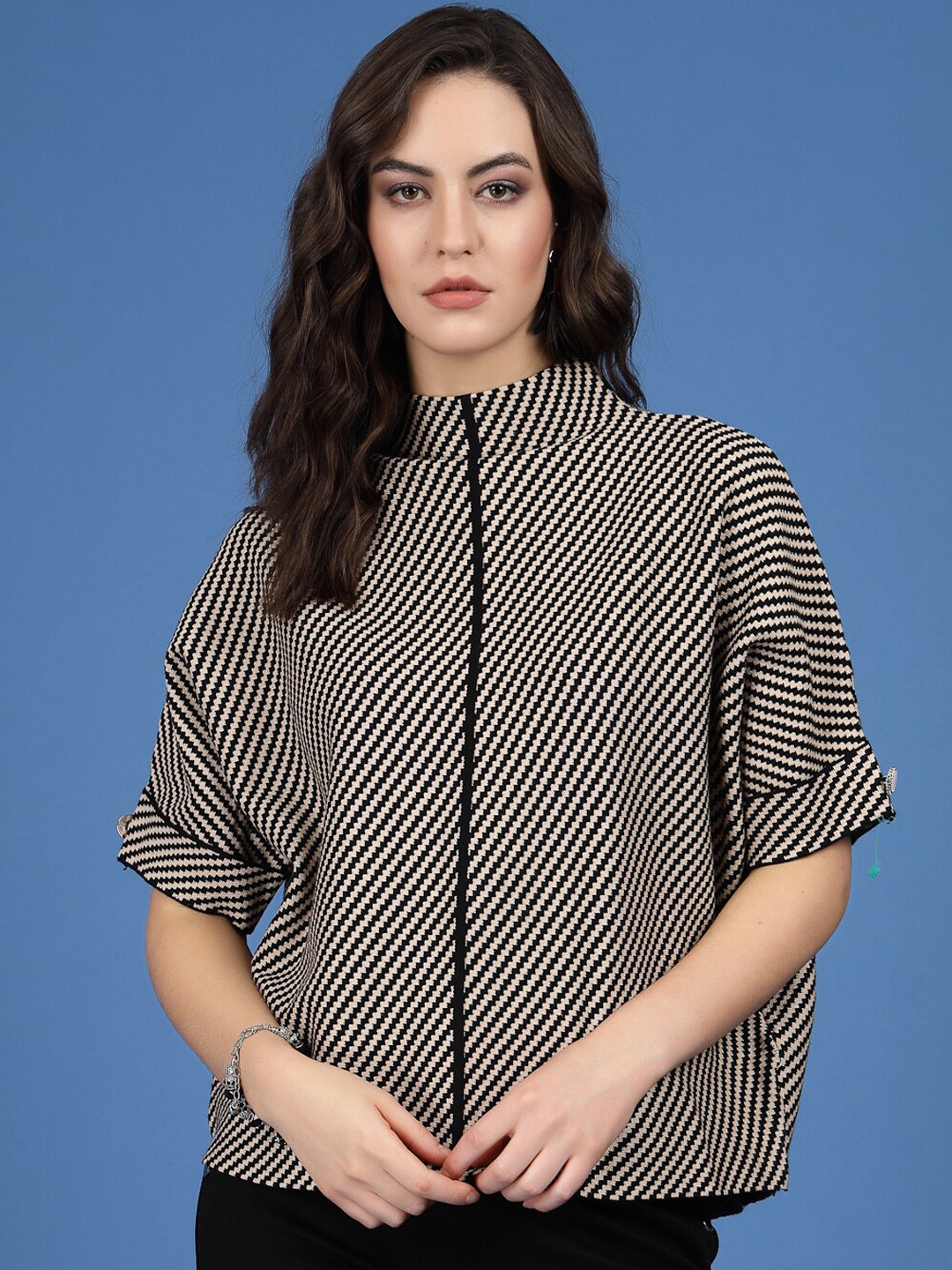 

Mafadeny Checked Mock Collar Cardigan, Beige