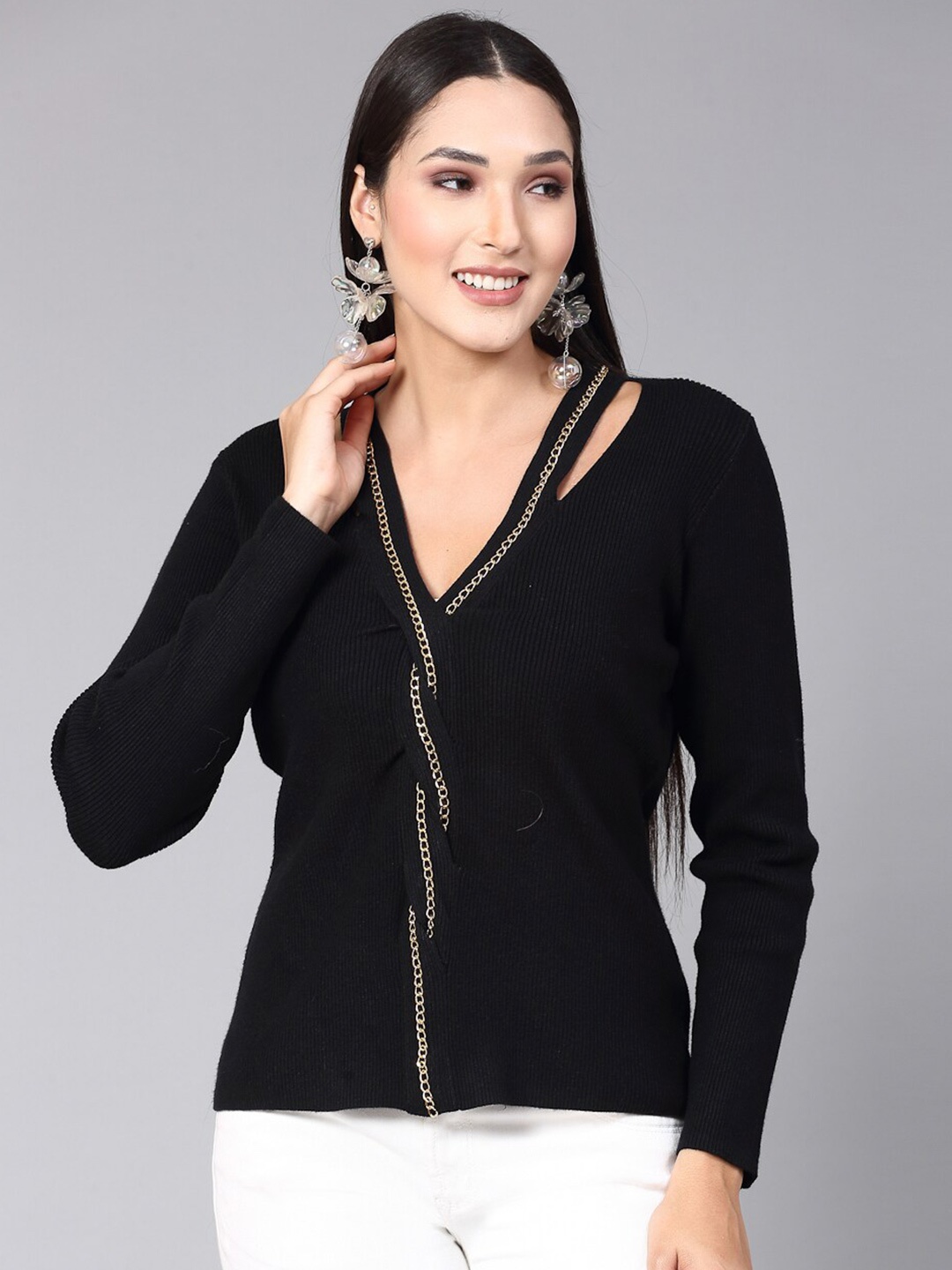 

Mafadeny V-Neck Ribbed Pullover, Black