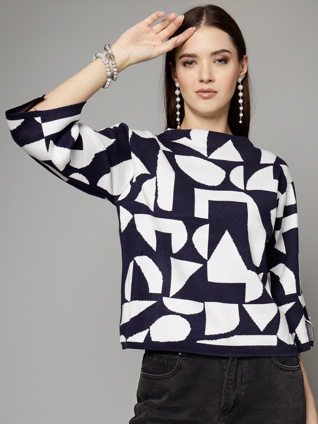 

Mafadeny Printed Round Neck Pullover, Navy blue