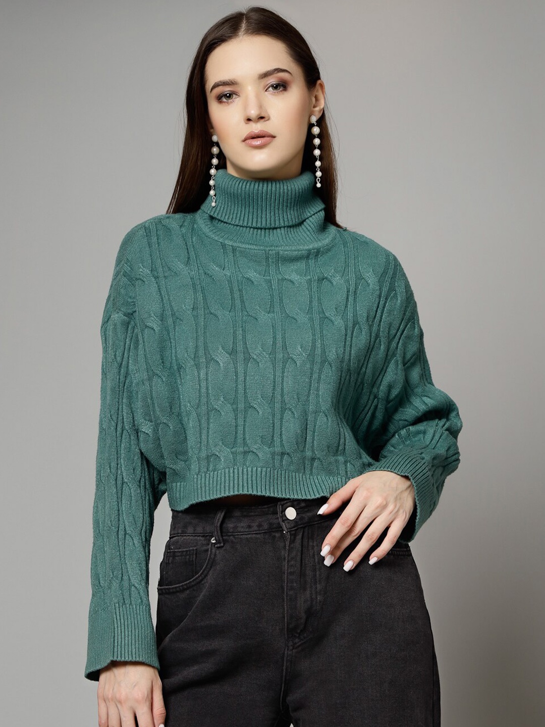 

Mafadeny Cable Knit Turtle Neck Crop Pullover, Green