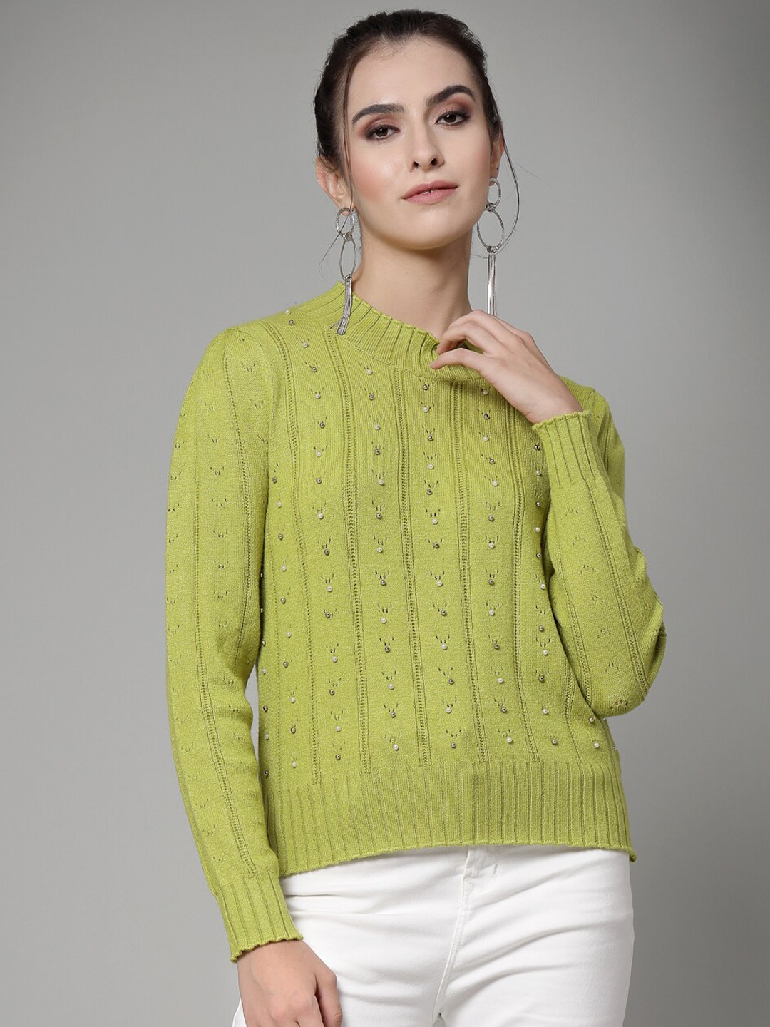 

Mafadeny Self Design Round Neck Embroidered Pullover, Green