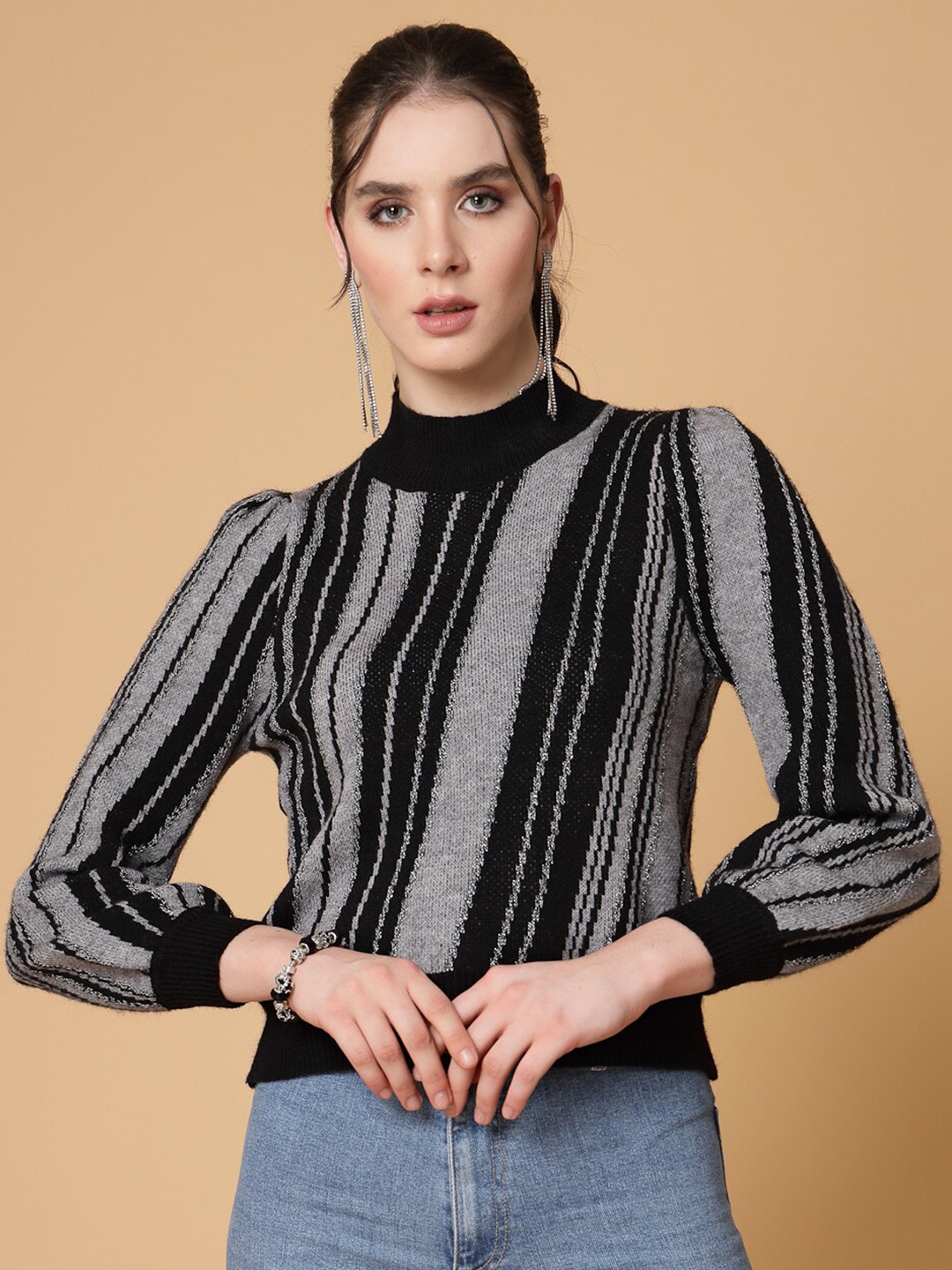 

Mafadeny Striped Turtle Neck Pullover, Black