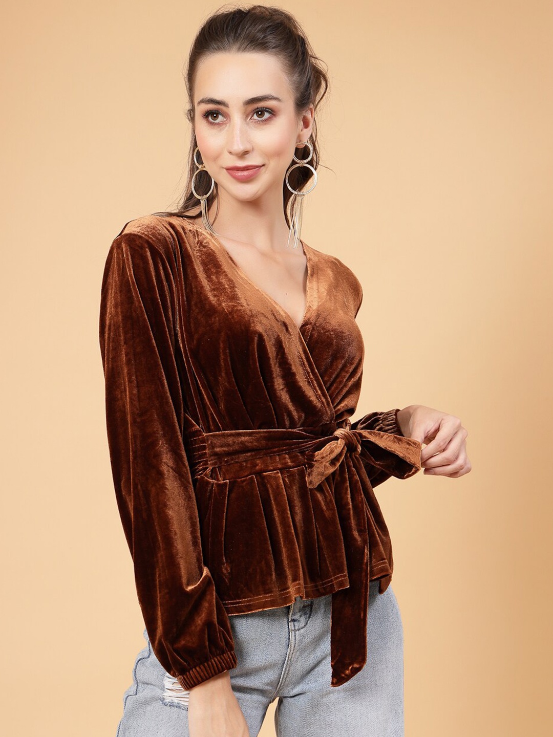 

Mafadeny V-Neck Long Sleeves Waist Tie-Ups Regular Top, Gold