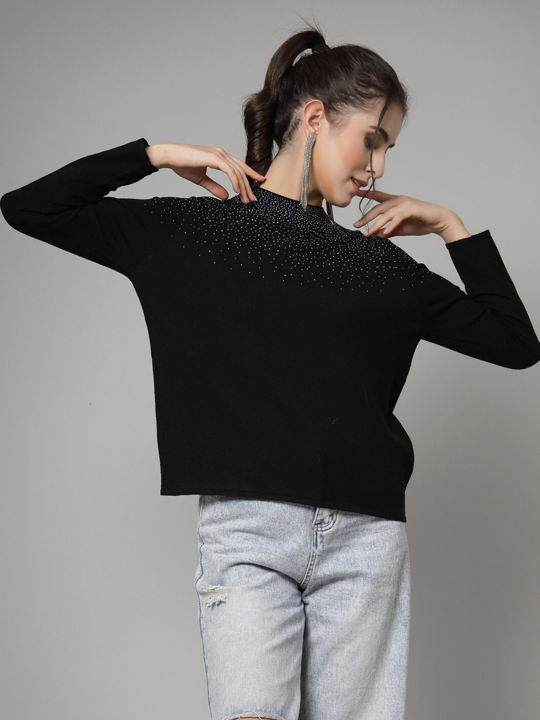 

Mafadeny High Neck Embellished Detail Pullover, Black