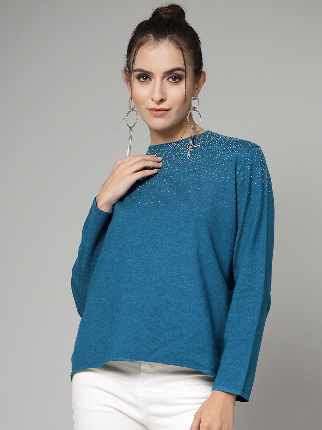 

Mafadeny High Neck Embellished Detail Pullover, Blue
