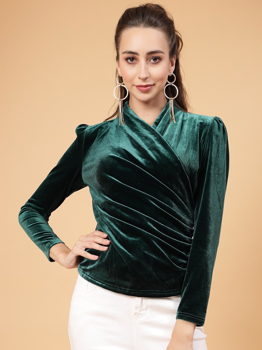 

Mafadeny Wrap Style Cosy Velvet Top, Green