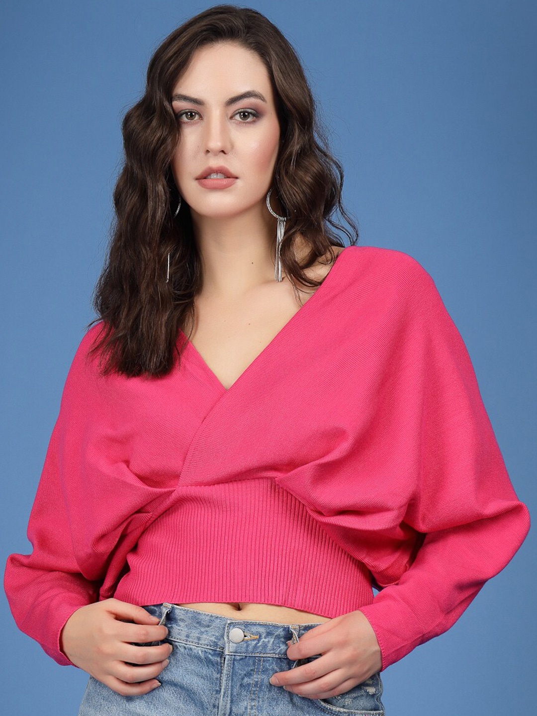 

Mafadeny Ribbed V-Neck Crop Top, Pink