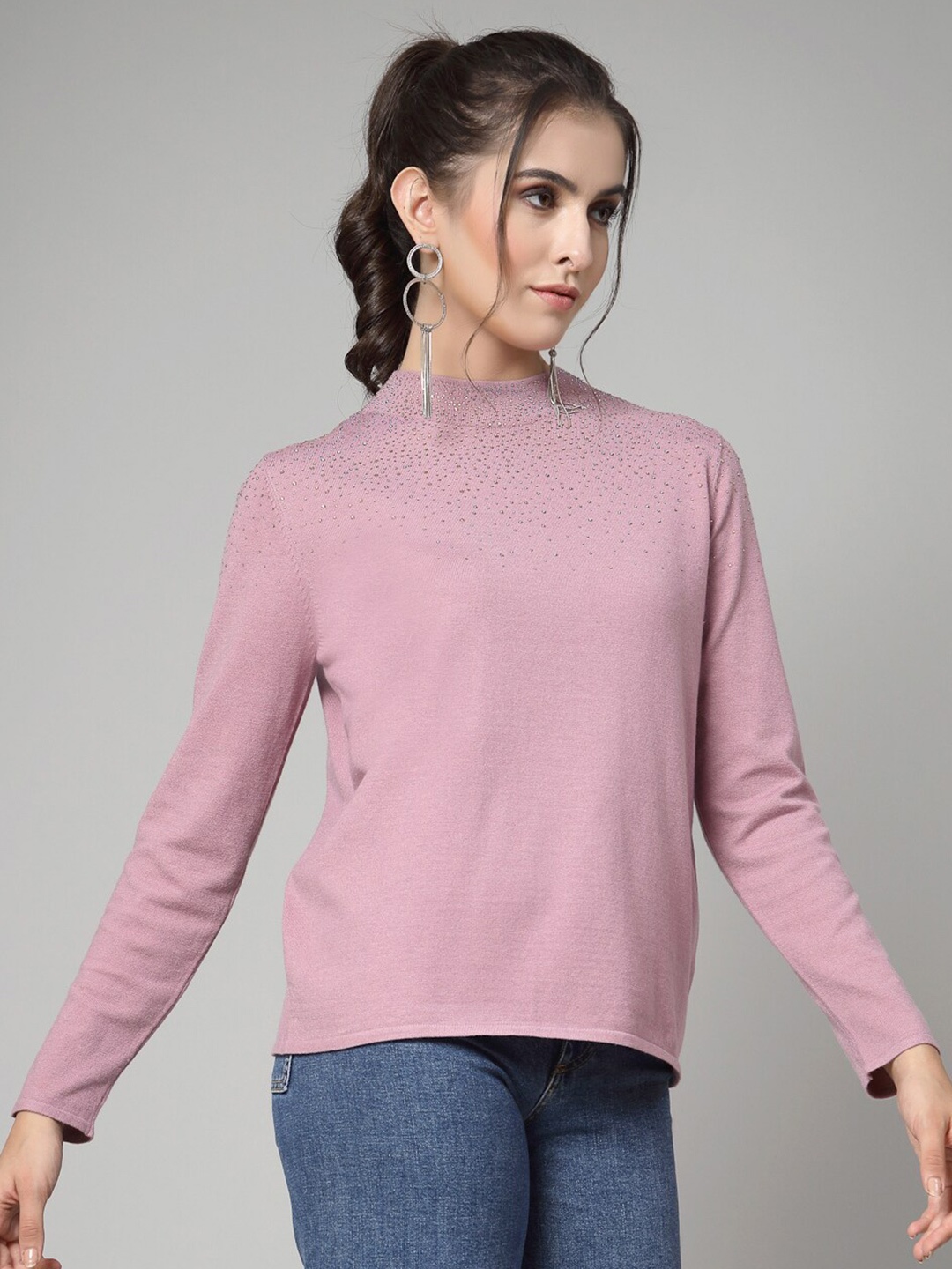 

Mafadeny High Neck Embellished Detail Pullover, Mauve