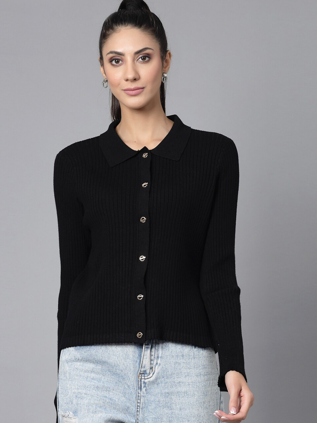 

Mafadeny Striped Spread Collar Cardigan, Black