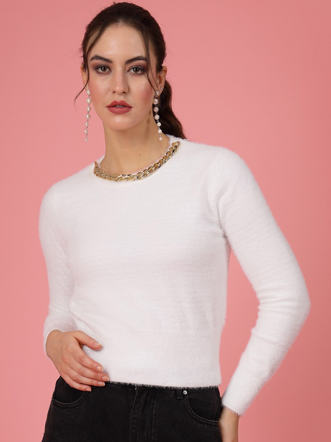 

Mafadeny Round Neck Embellished Pullover, White