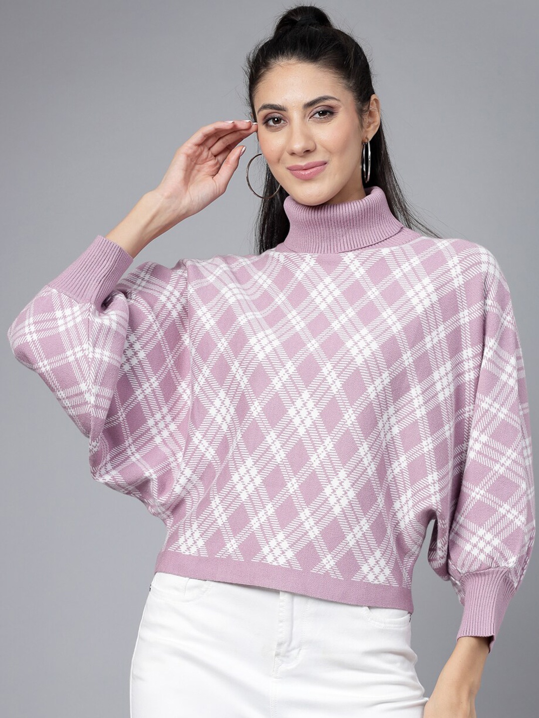 

Mafadeny Checked Turtle Neck Pullover, Lavender