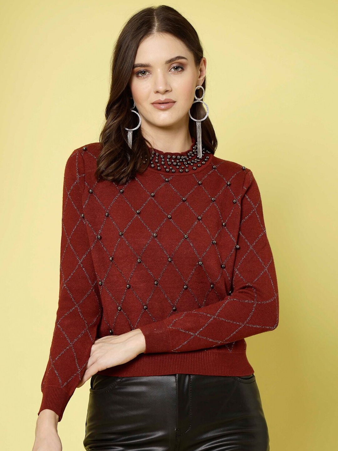 

Mafadeny Embellished Detail Mock Collar Pullover SWeater, Maroon