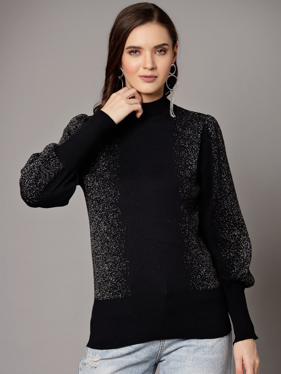 

Mafadeny Abstract Printed Mock Collar Pullover Sweater, Black