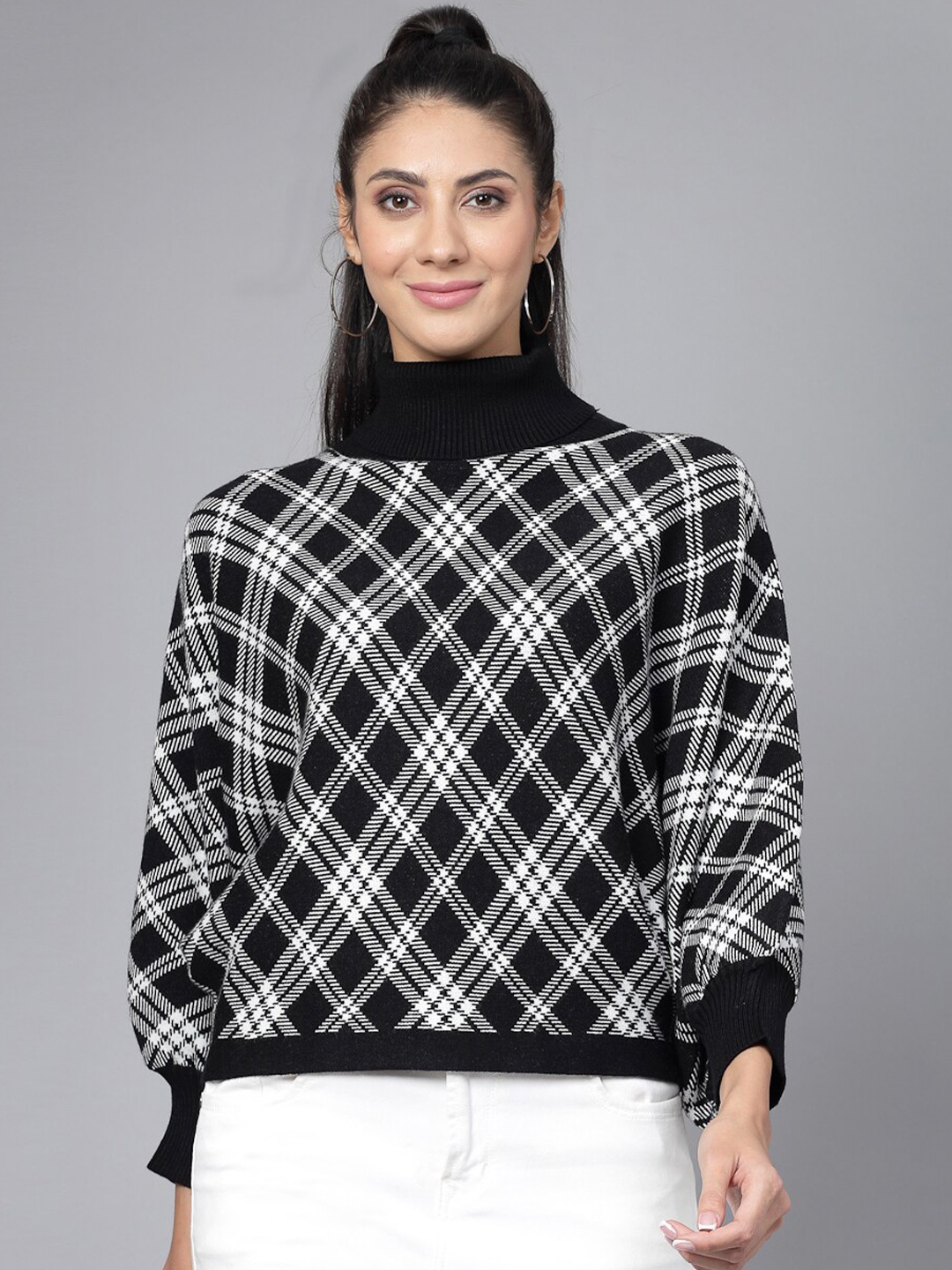 

Mafadeny Checked Turtle Neck Pullover Sweater, Black