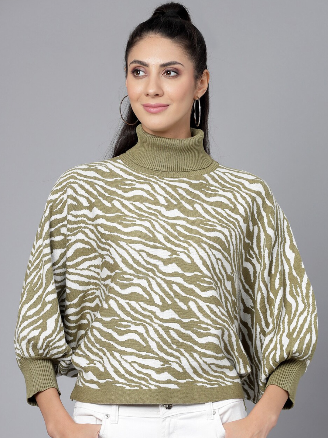 

Mafadeny Animal Printed Turtle Neck Pullover Sweater, Green