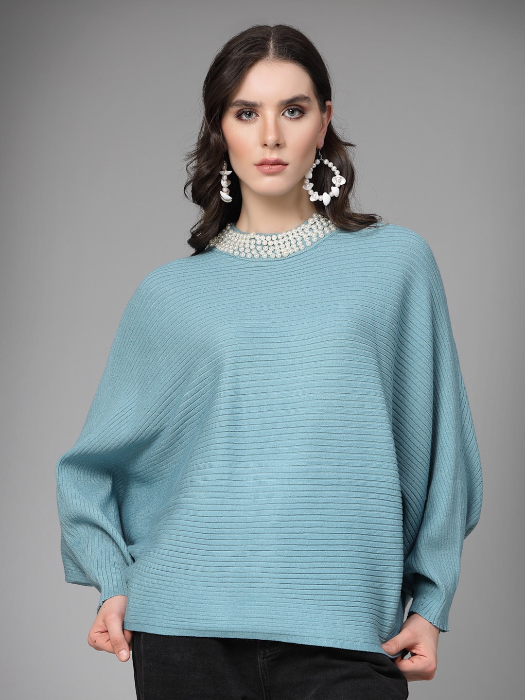 

Mafadeny Striped Embellished Poncho, Green