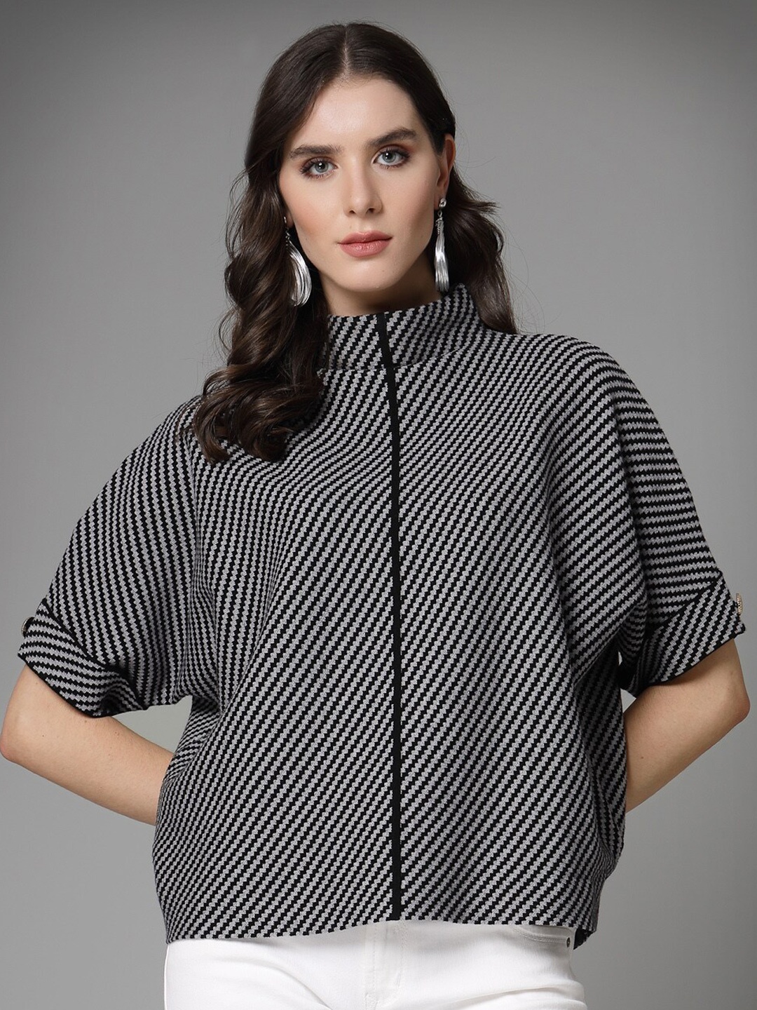 

Mafadeny Striped Turtle Neck Cardigan Sweater, Grey