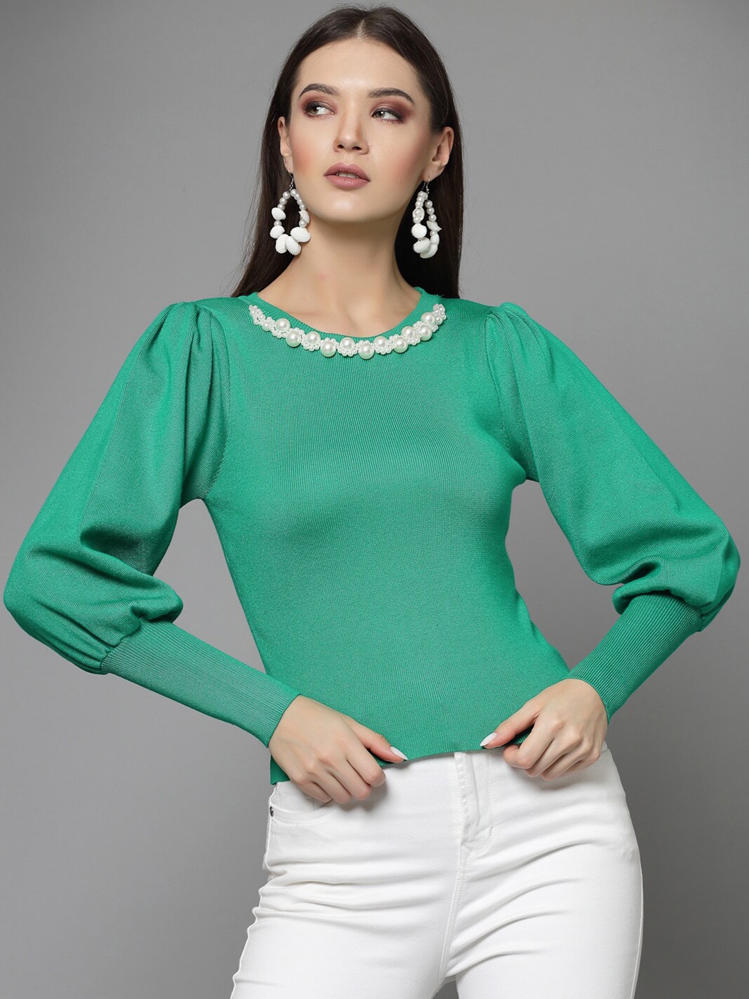 

Mafadeny Embellished Detail Bishop Sleeves Pullover Sweater, Green