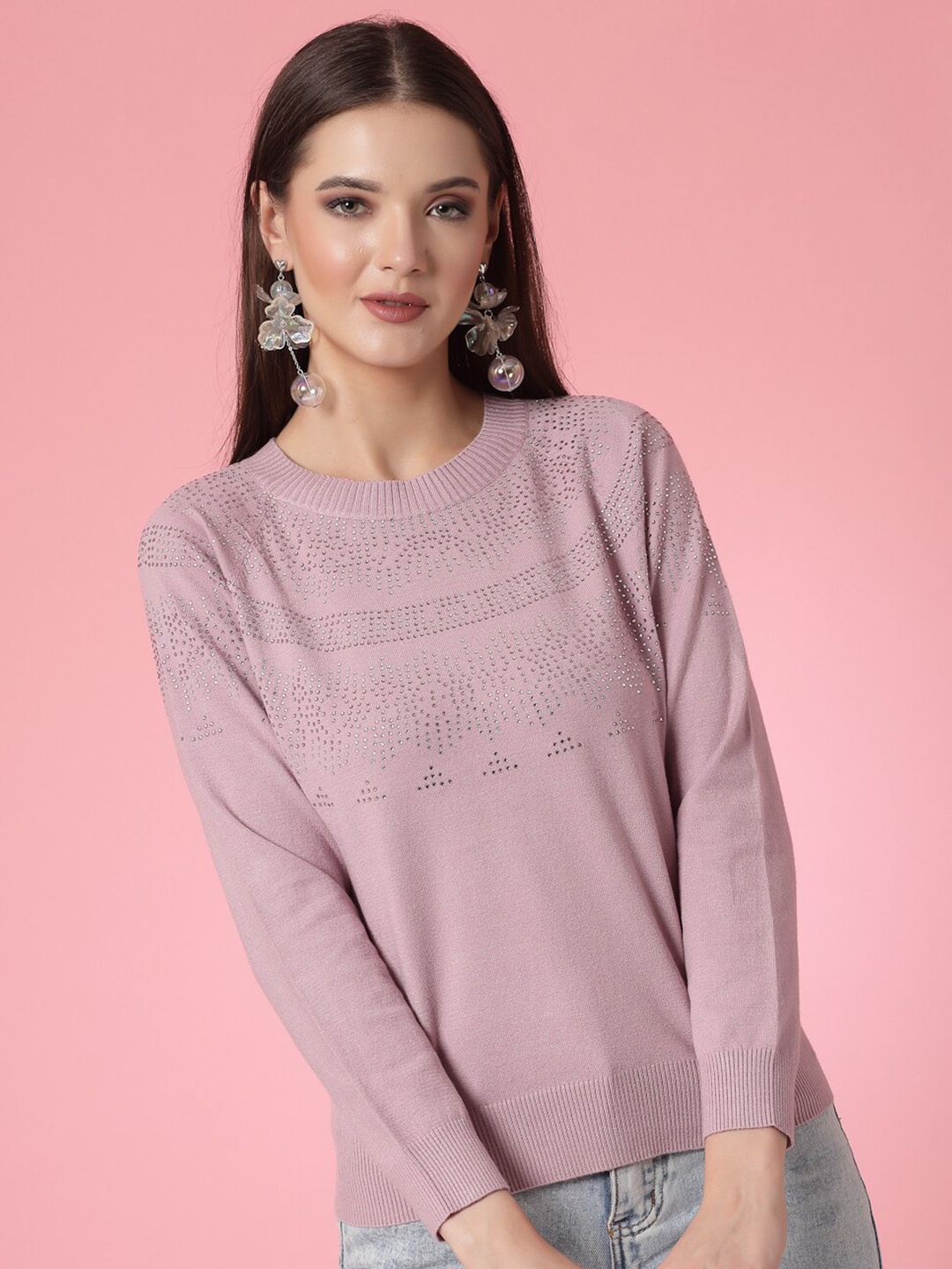 

Mafadeny Embellished Detail Mock Collar Pullover Sweater, Mauve