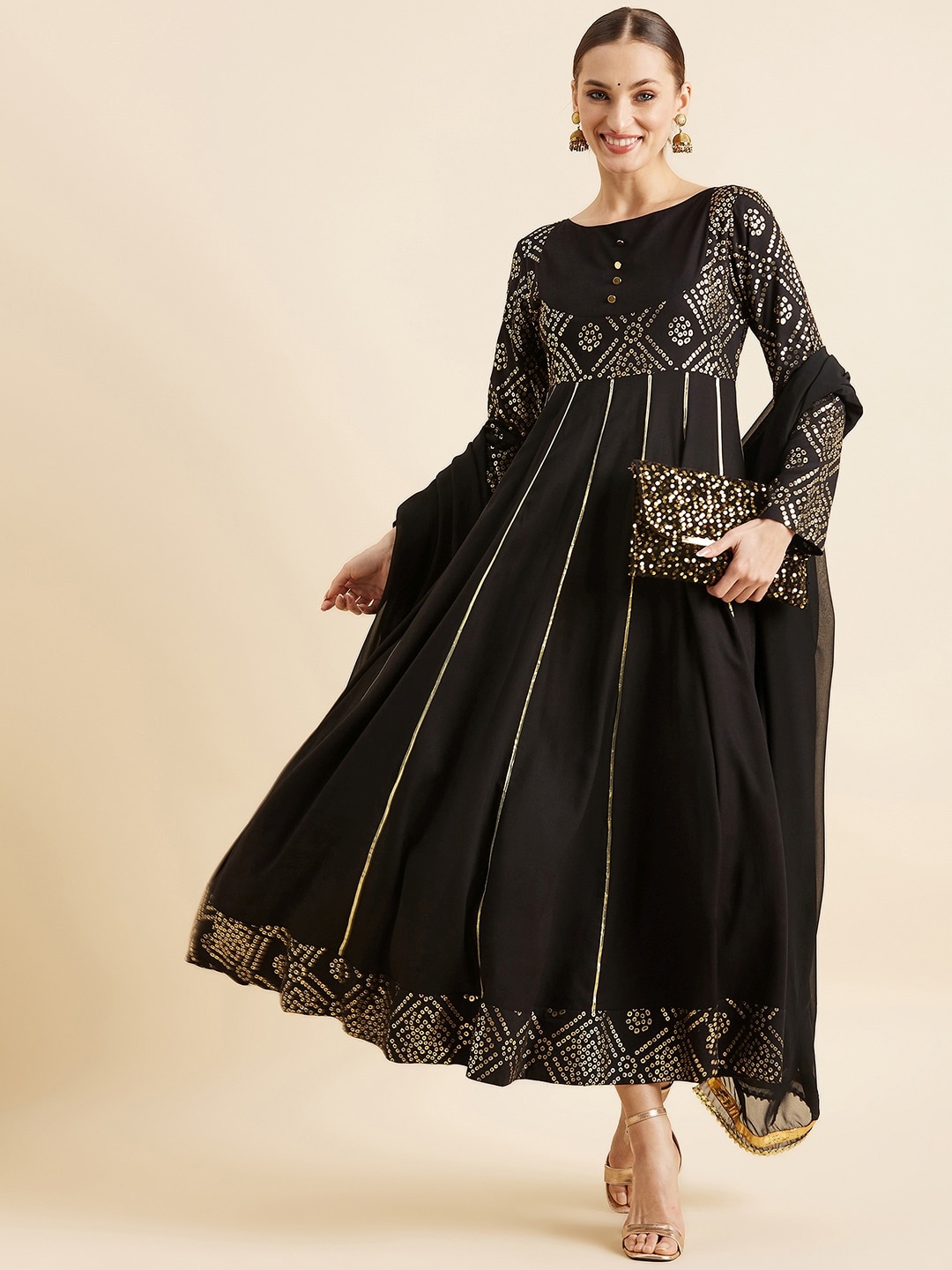 

PANIT Bandhani Printed Maxi Ethnic Dress With Dupatta, Black
