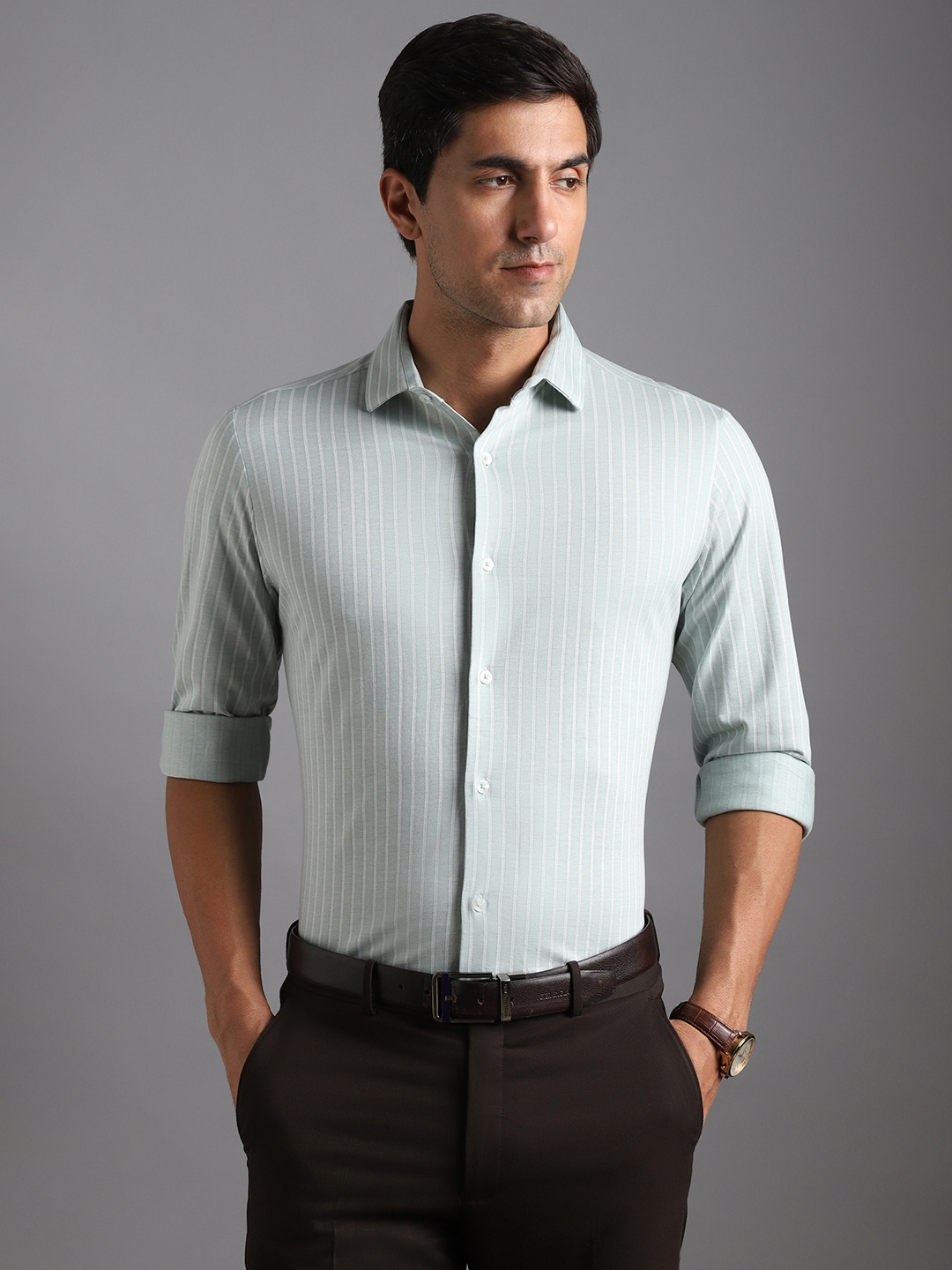 

Bergamo Pure Cotton Vertical Striped Slim Fit Knitted Formal Shirt, Green