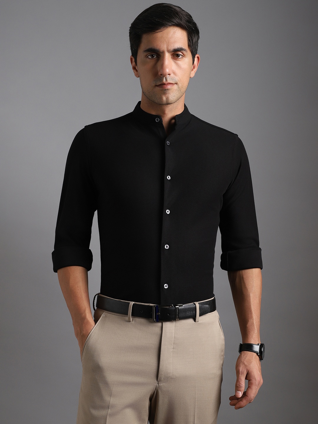 

Bergamo Mandarin Collar Pure Cotton Knitted Slim Fit Formal Shirt, Black