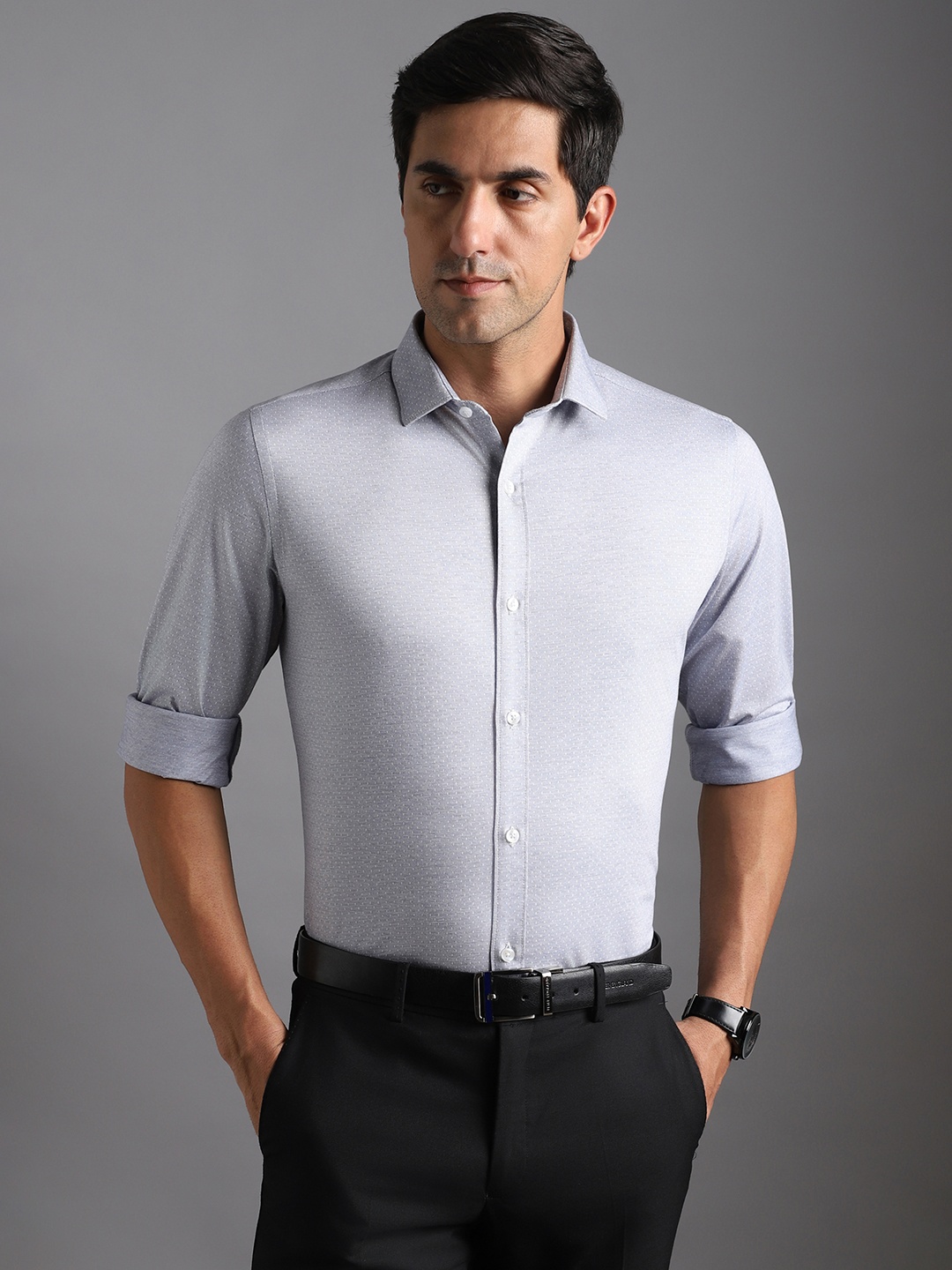 

Bergamo Slim Fit Micro Ditsy Printed Knitted Formal Pure Cotton Shirt, Blue