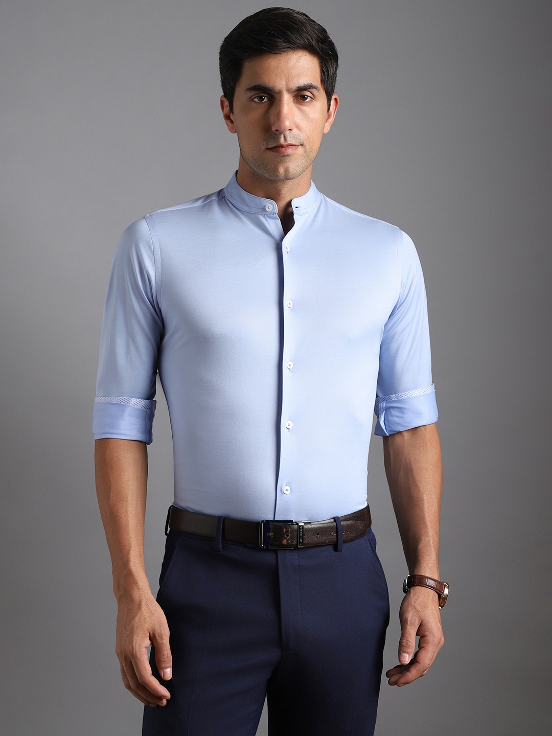 

Bergamo Men Blue Slim Fit Band Collar Knitted Formal Shirt