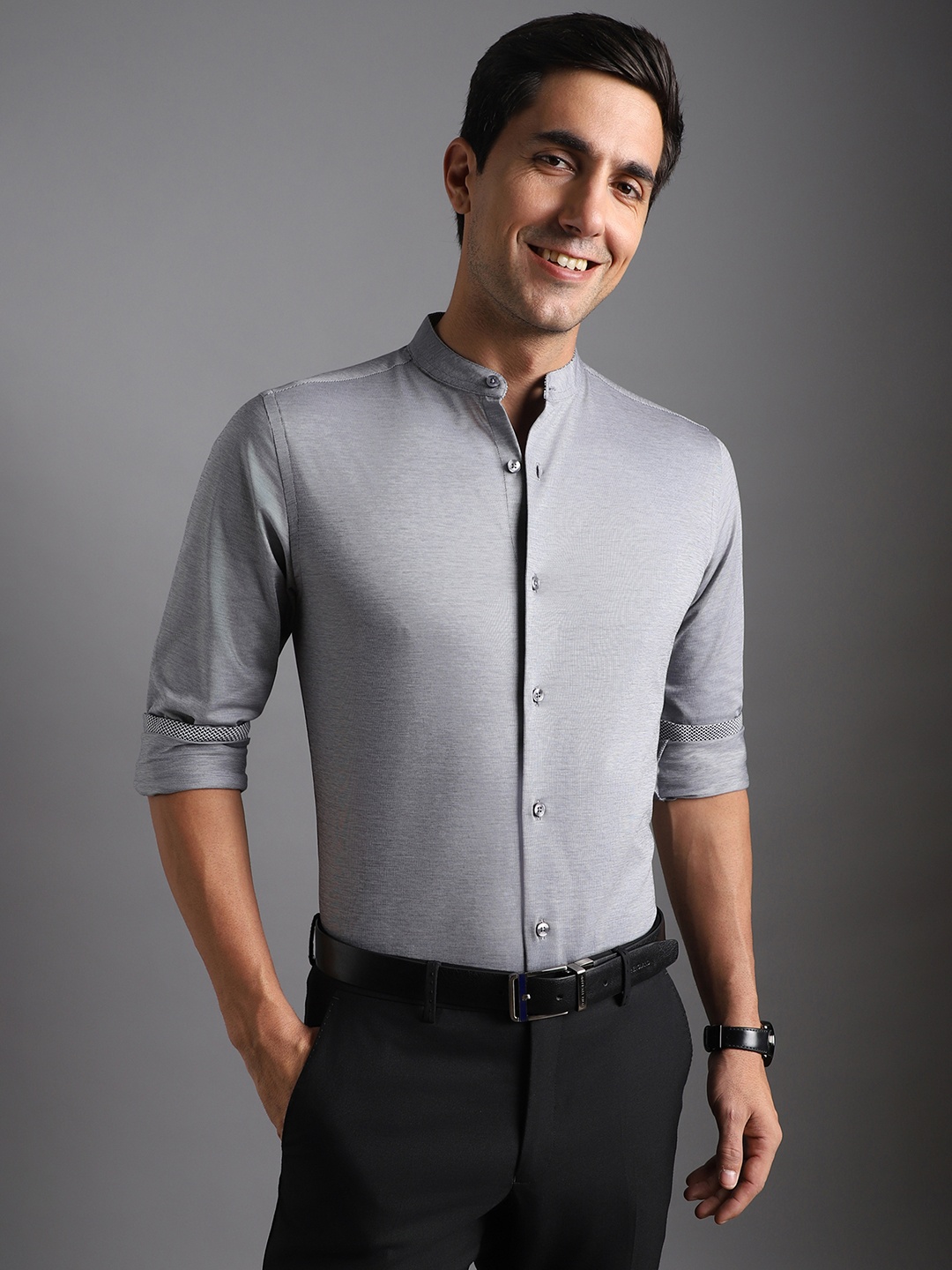 

Bergamo Slim Fit Band Collar Knitted Formal Pure Knitted Cotton Shirt, Grey