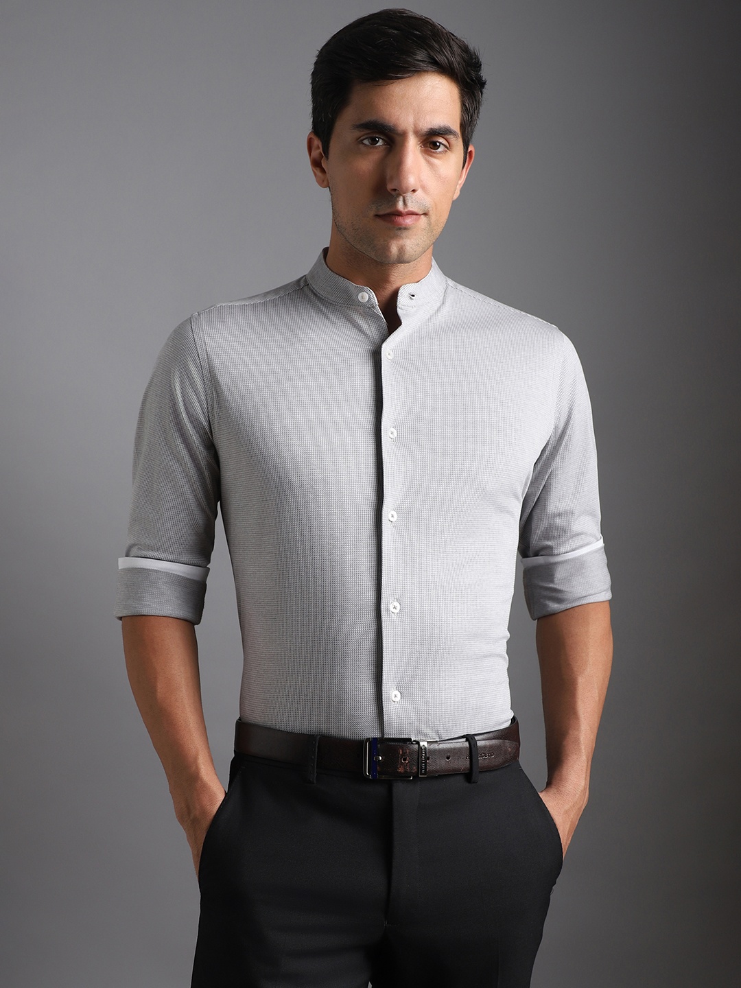 

Bergamo Slim Fit Band Collar Knitted Formal Pure Cotton Shirt, Grey