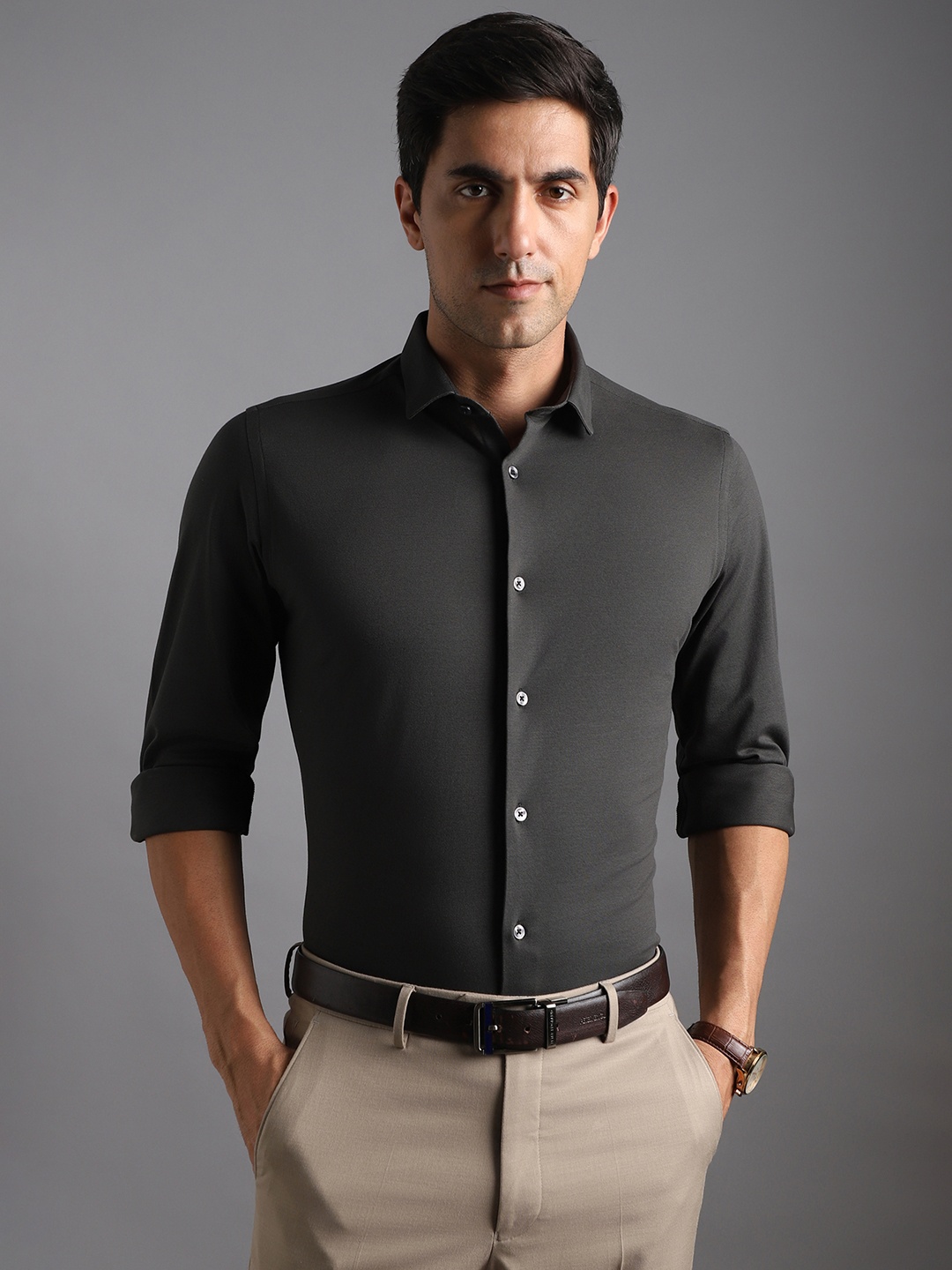 

Bergamo Slim Fit Spread Collar Knitted Formal Pure Cotton Shirt, Olive