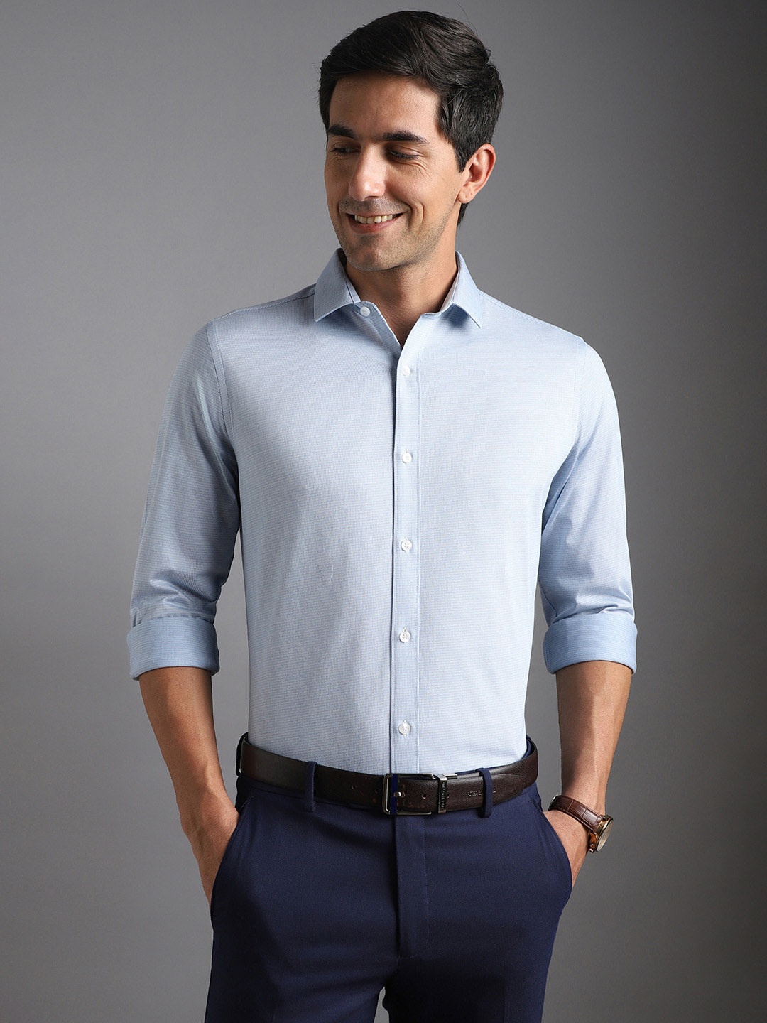 

Bergamo Slim Fit Spread Collar Knitted Formal Pure Cotton Shirt, Blue