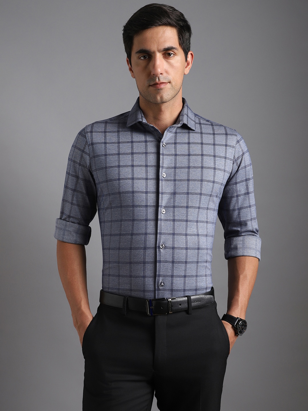 

Bergamo Slim Fit Windowpane Checked Knitted Formal Shirt, Blue