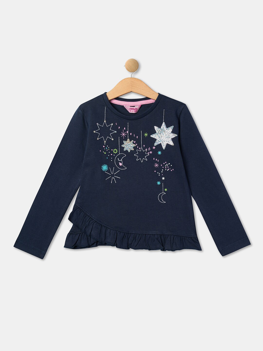 

R&B Conversational Printed Long Sleeves Ruffled Sequined Cotton Top, Blue