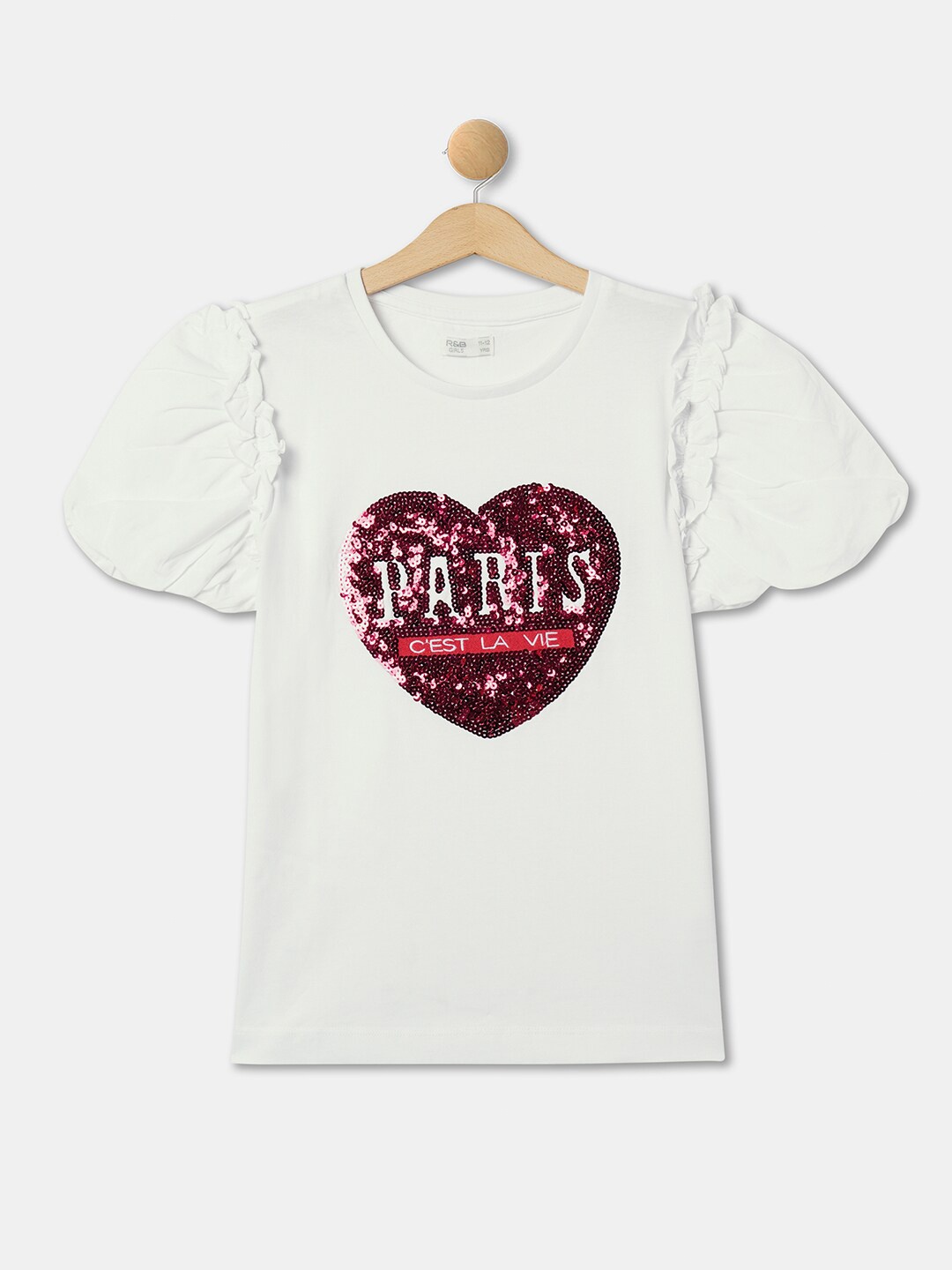 

R&B Typography Printed Short Flared Sleeves Sequined Cotton Top, White