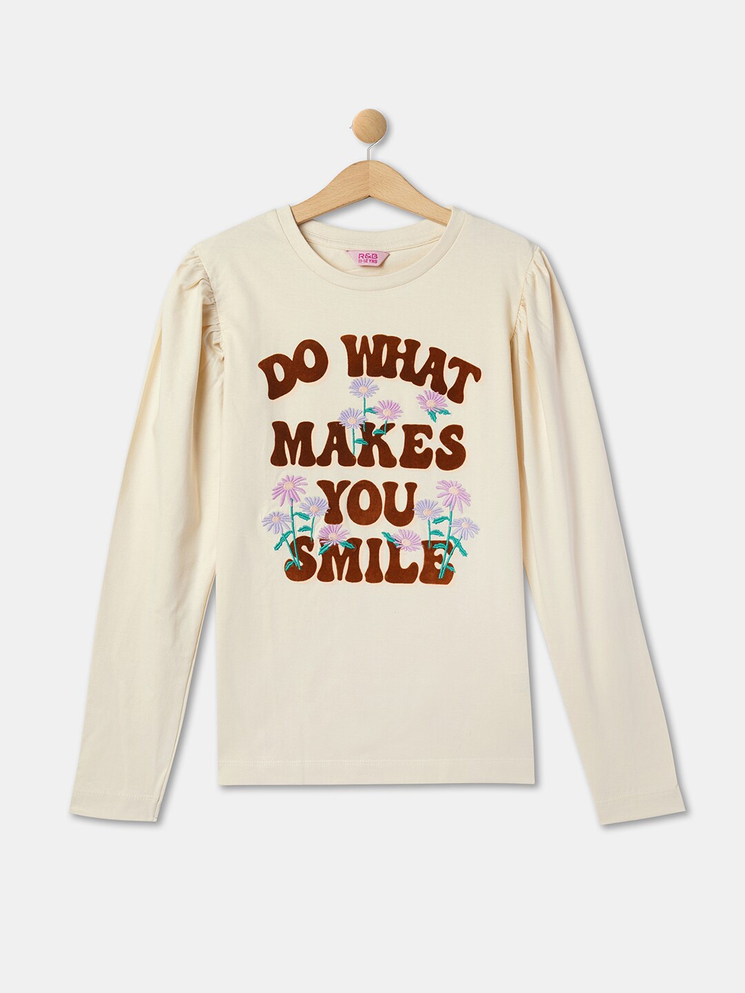 

R&B Typography Printed Long Sleeves Cotton Top, Beige
