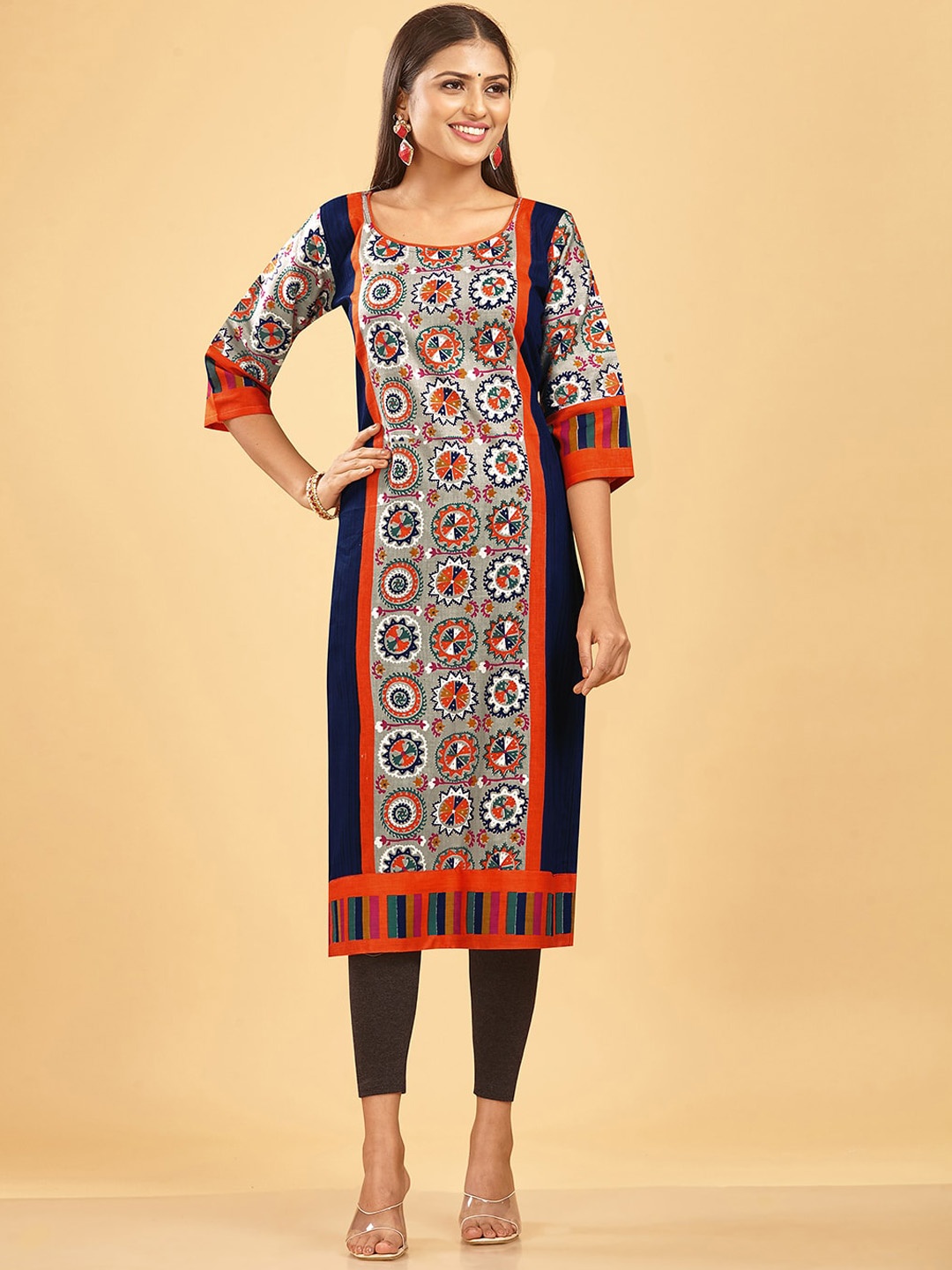 

SHANVIKA Ethnic Motifs Printed Straight Pure Cotton Kurta, Navy blue