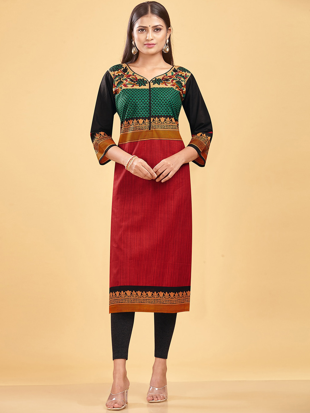 

SHANVIKA Floral Printed Straight Regular Cotton Kurta, Red