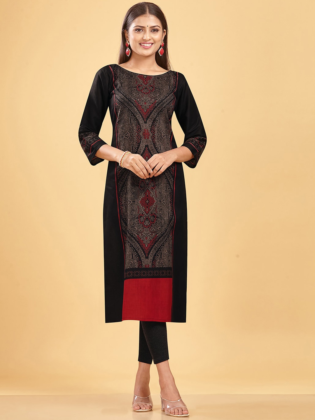 

SHANVIKA Paisley Printed Pure Cotton Straight Kurta, Black