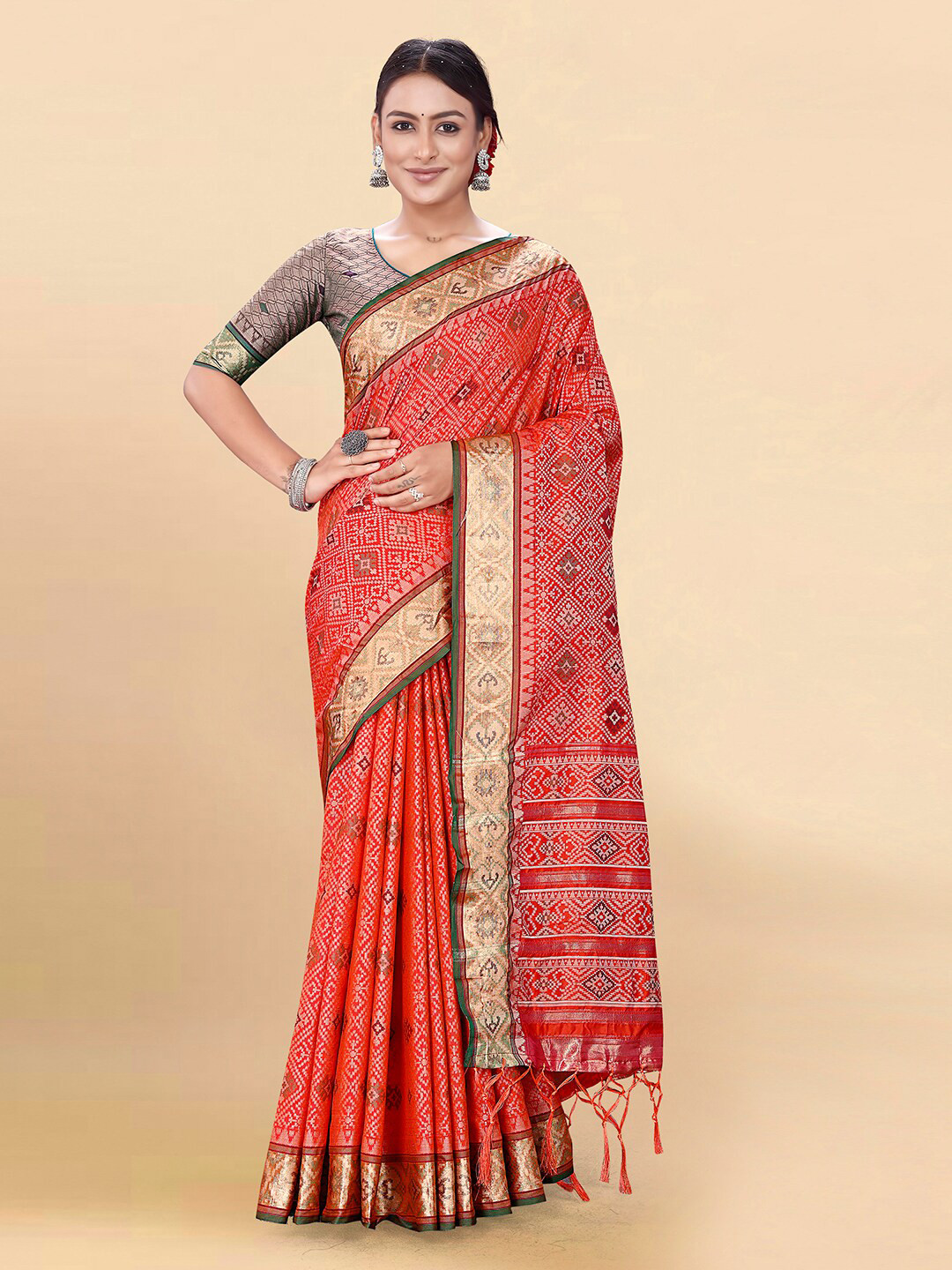 

Pisara Ethnic Motifs Woven Design Zari Silk Cotton Patola Saree, Orange