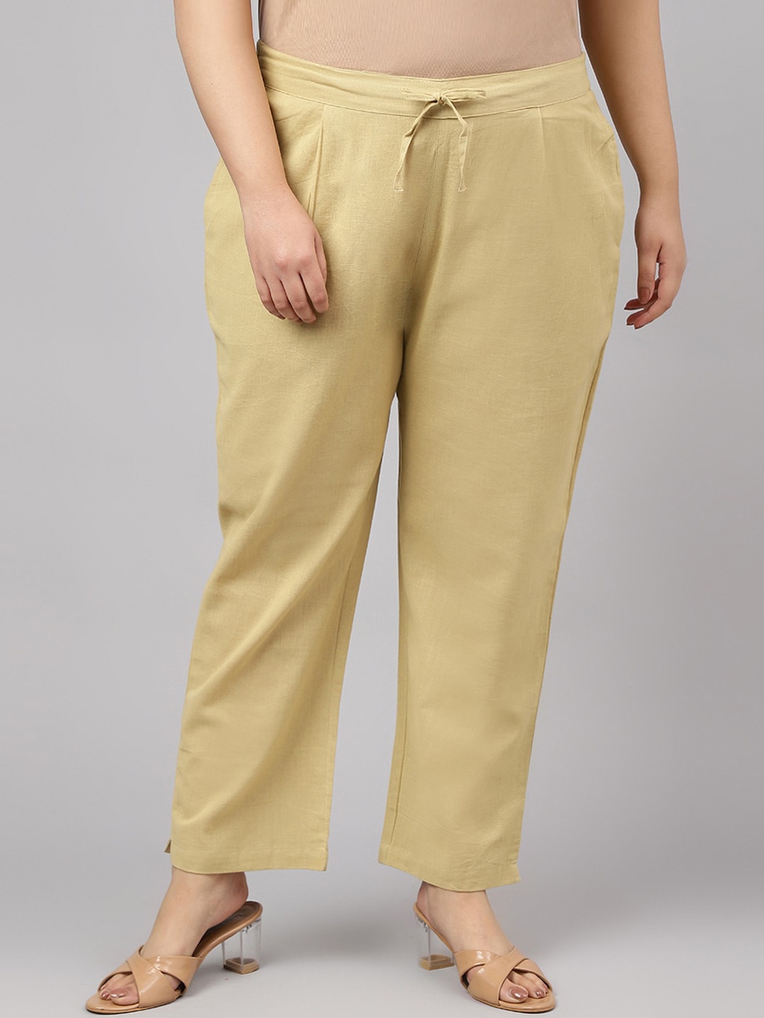 

JAIPUR ATTIRE Women Plus Size Relaxed Pleated Trousers, Beige