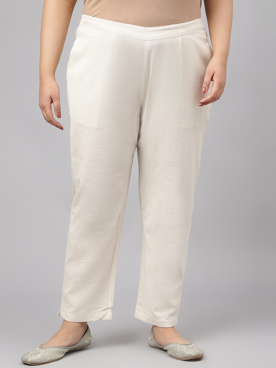 

JAIPUR ATTIRE Women Plus Size Relaxed Fit Cotton Regular Trousers, Cream