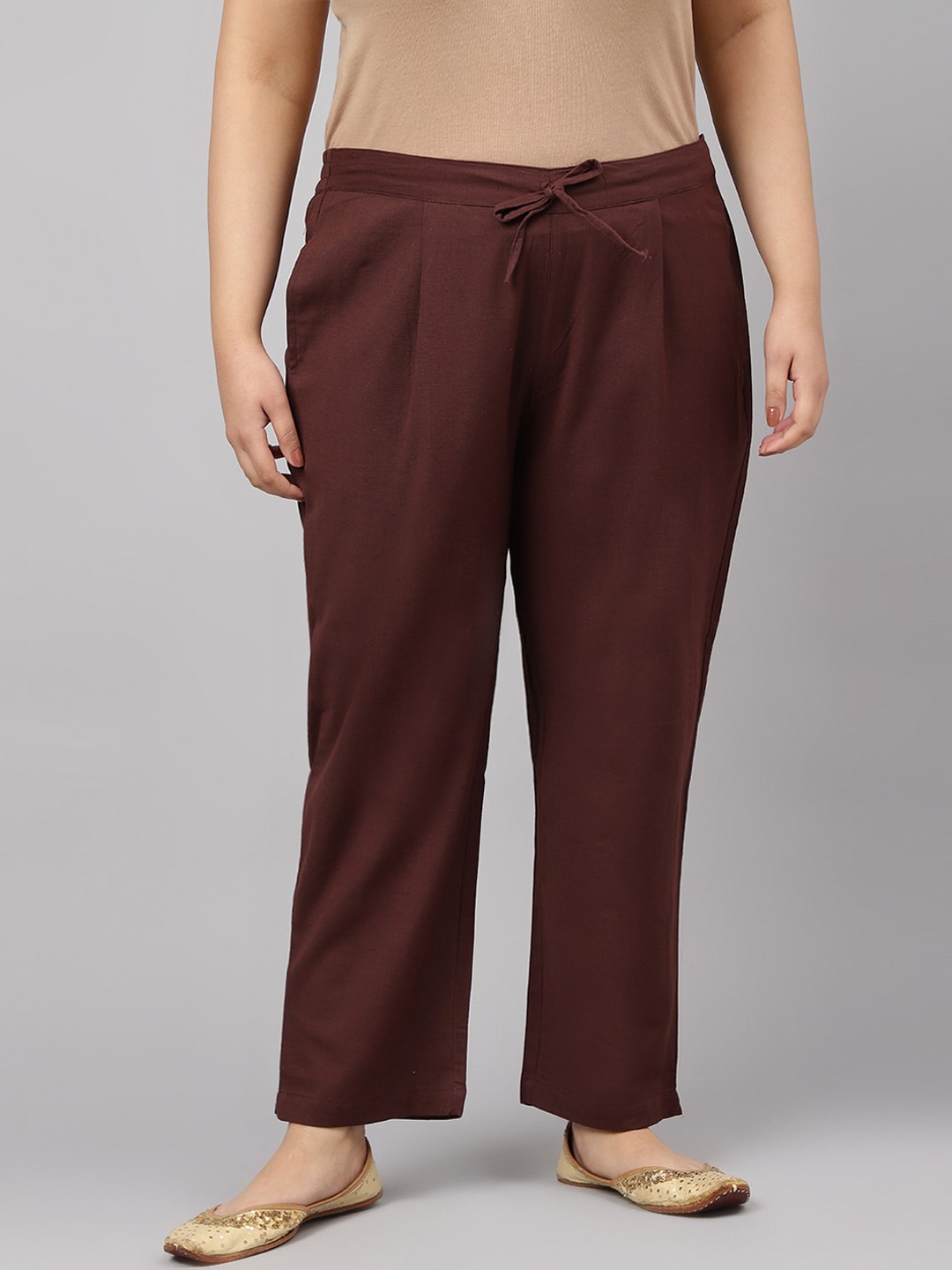 

JAIPUR ATTIRE Women Plus Size Relaxed Pleated Trousers, Brown